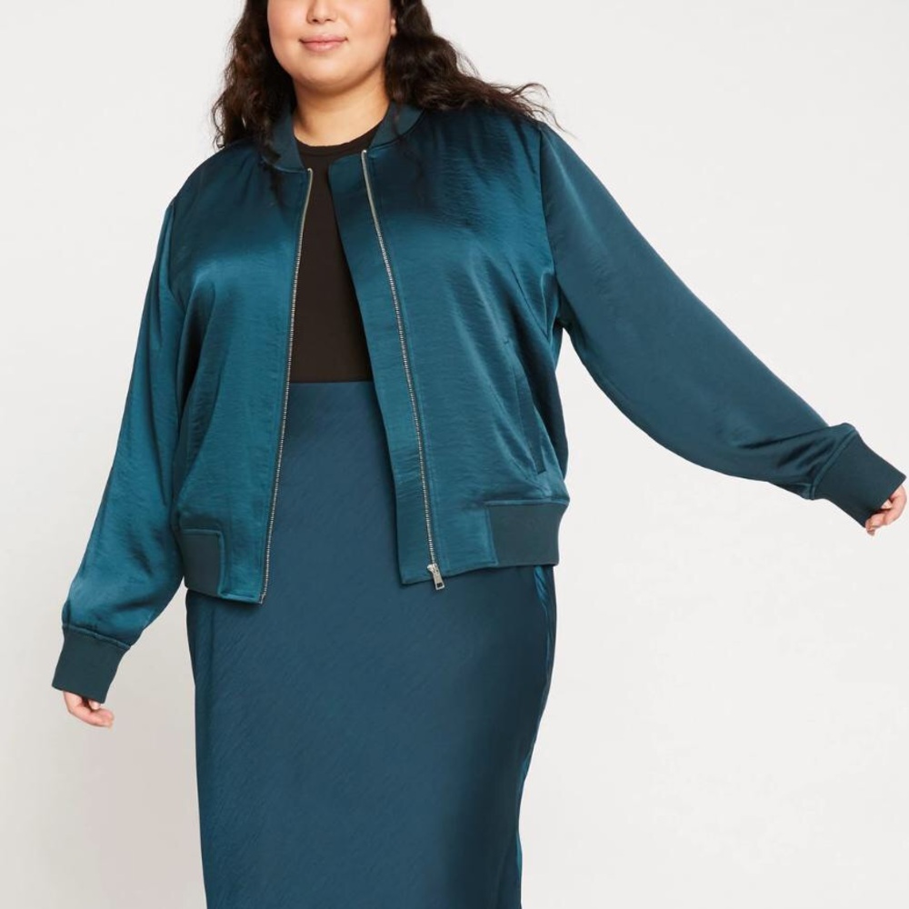 Universal Standard Women SZ L US 22/24 Deep Sea Satin Carmen Bomber Jacket